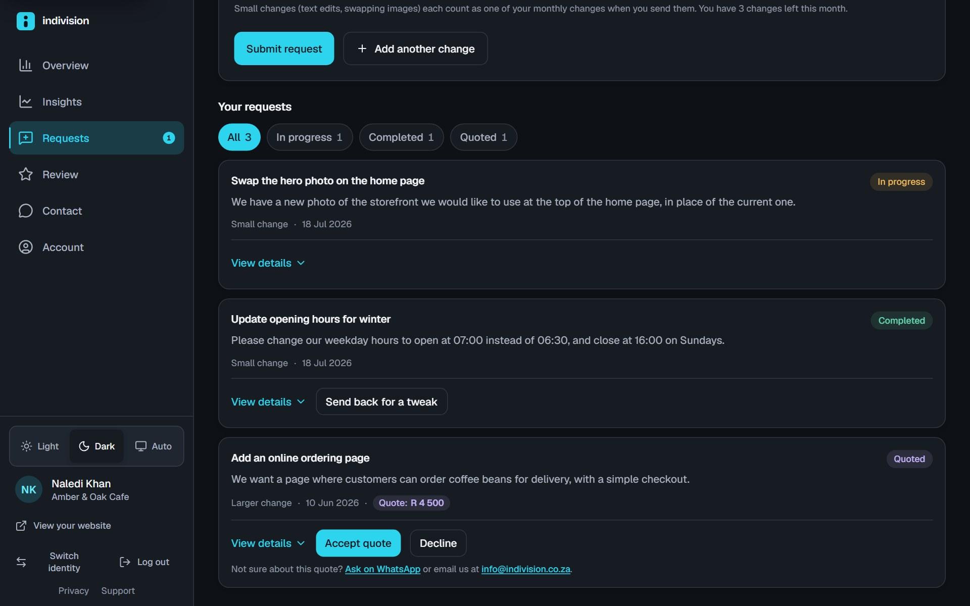 Screenshot of the requests page showing change requests moving from in progress to done