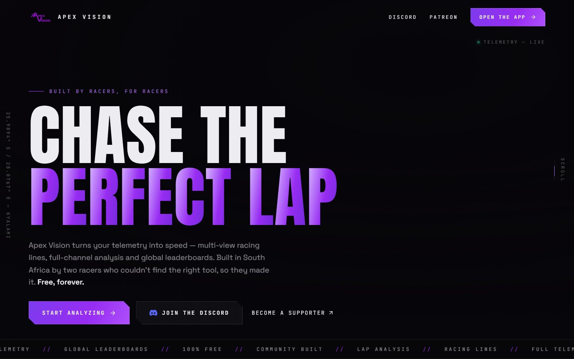 Screenshot of the Apex Vision racing telemetry website hero