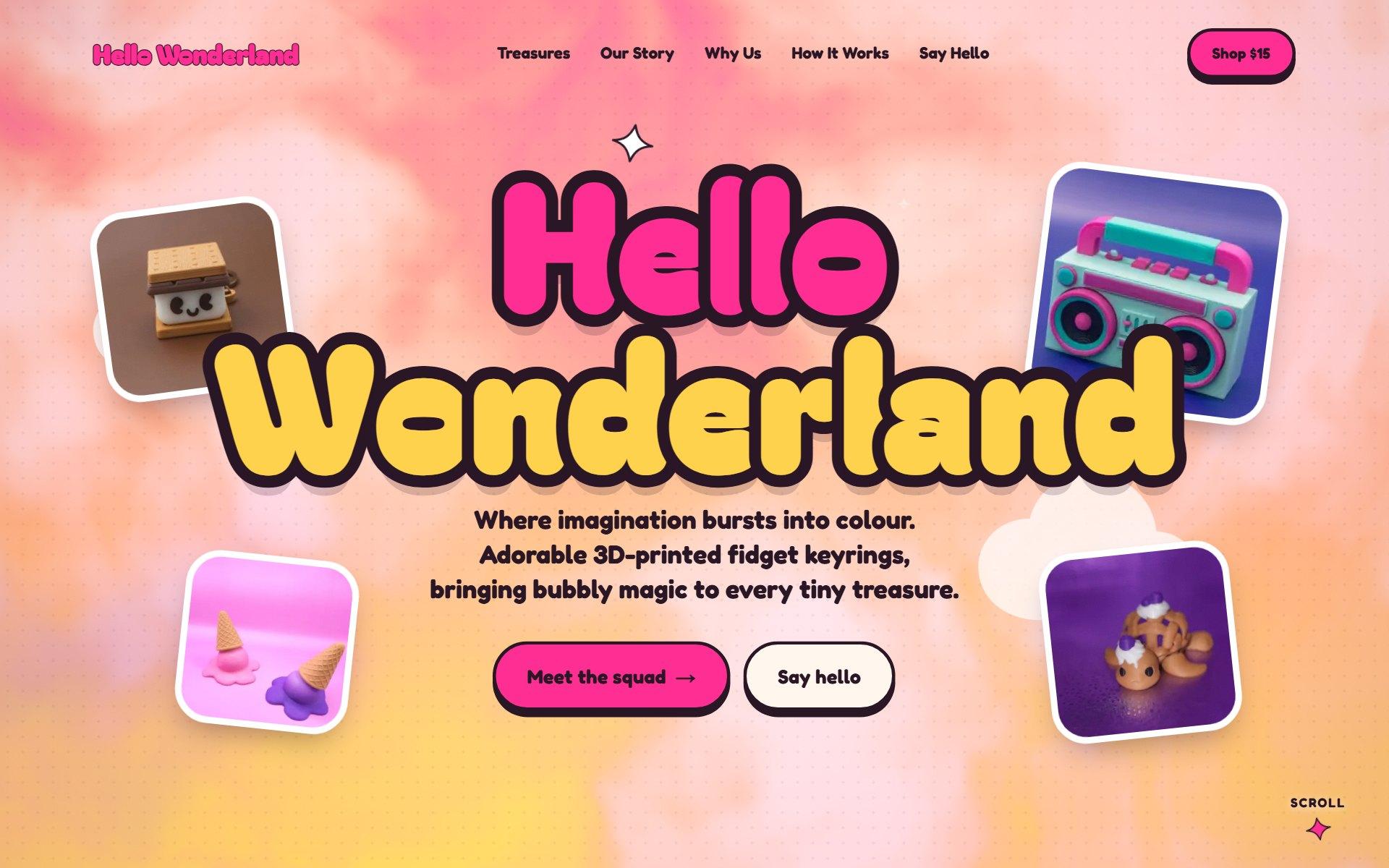 Screenshot of the Hello Wonderland keyring store website hero