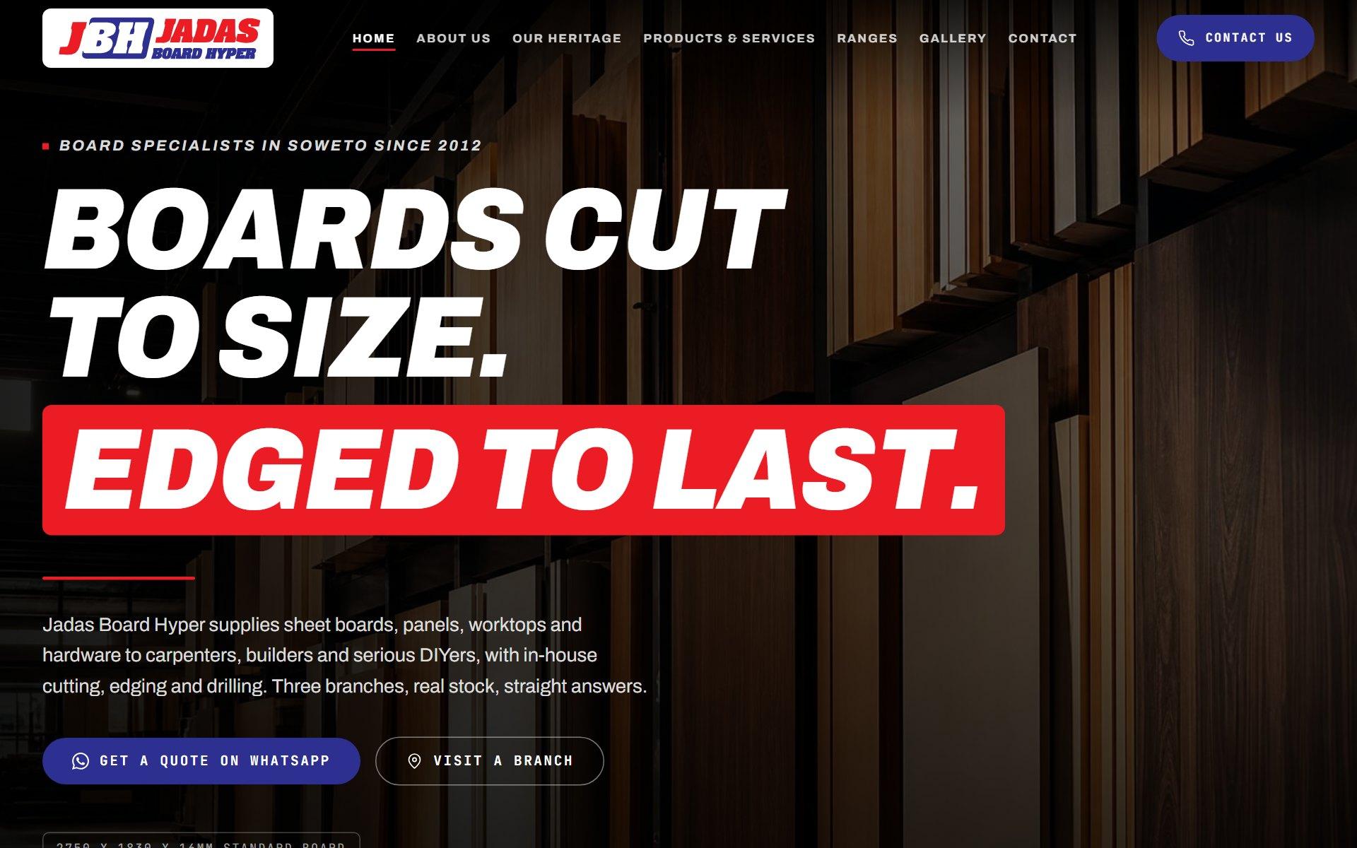 Screenshot of the Jadas Board Hyper board supplier website hero