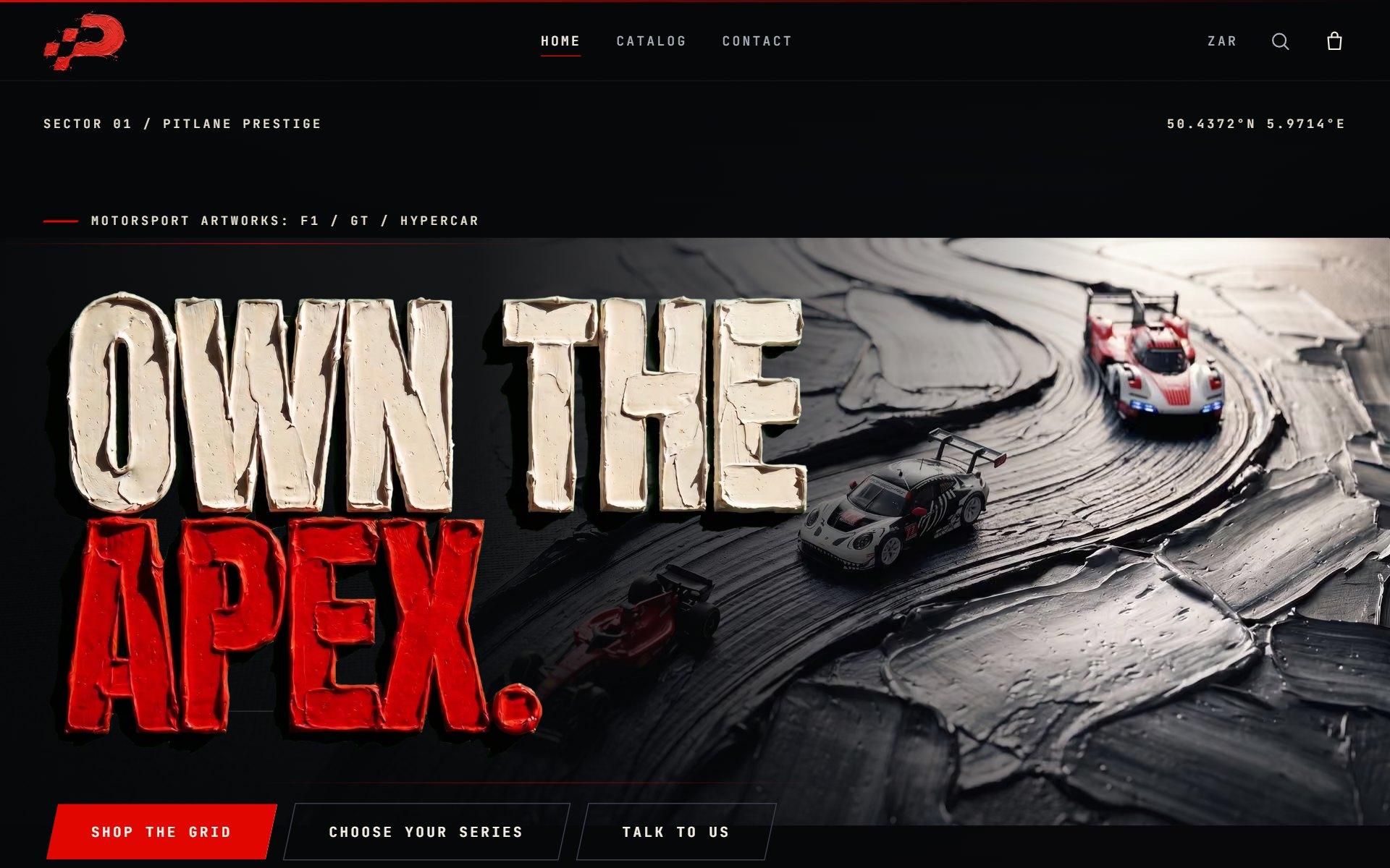 Screenshot of the Pitlane Prestige motorsport art store hero
