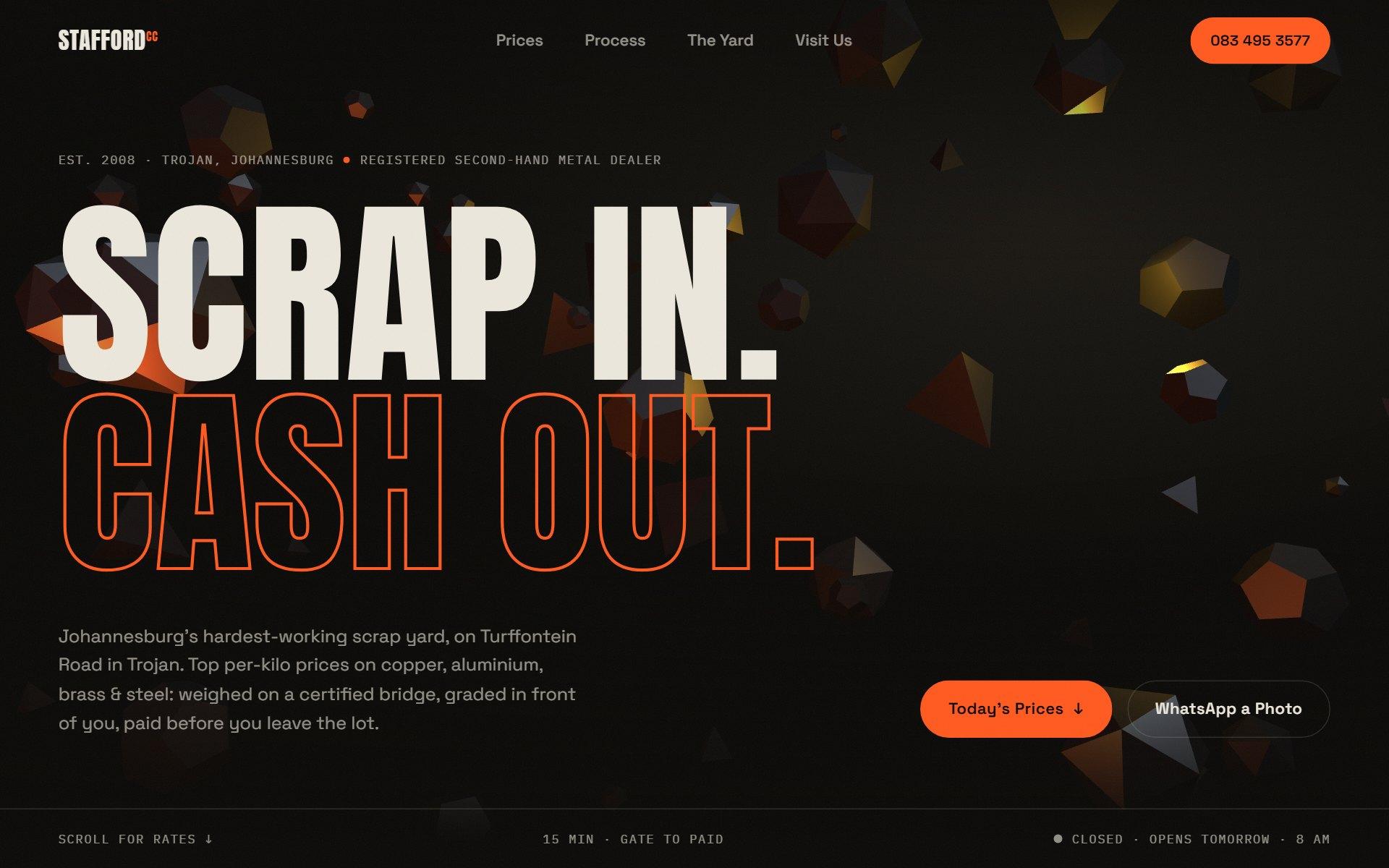 Screenshot of the Stafford Metals scrap yard website hero