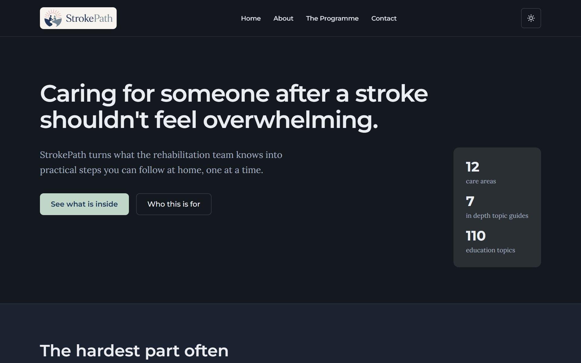 Screenshot of the StrokePath stroke recovery website hero