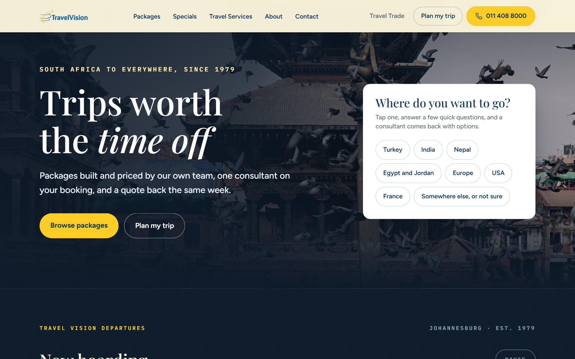 Screenshot of the Travel Vision travel agency website hero